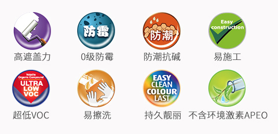 高遮盖力、0级防霉防潮抗碱、易施工、超低VOC、易擦洗、持久靓丽、不含环境激素APEO